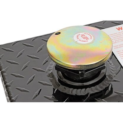 Detailed close-up of the lockable fill cap and warning label on the Dee Zee Long Rectangle Transfer Tank BlackTread DZ92556NB, emphasizing the secure venting coupler, slow-fill instruction, and durable gloss black powder-coated Brite-Tread aluminum construction.