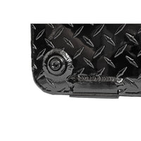 Detailed view of 3/8-inch drain plug on the DeeZee 111 gallon aluminum transfer tank toolbox combo (DZ92656B), allowing controlled fuel drainage and maintenance.