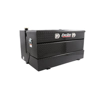 Front angle view of the DeeZee 111 gallon aluminum transfer tank toolbox combo (DZ92656B) featuring black powder-coated Brite-Tread aluminum, integrated tool storage, and heavy-duty design for truck bed installation.