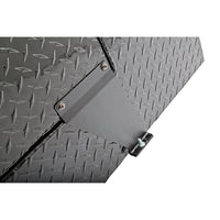 Close-up of mounting bracket on the DeeZee 111 gallon aluminum transfer tank toolbox combo (DZ92656B), showing secure attachment point for stable truck bed installation.