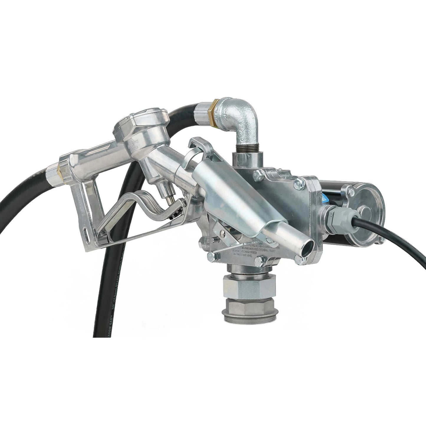Assembled view of the GPI 12V 8 GPM Fuel Transfer Pump with manual nozzle attached via hose and elbow fitting, showcasing the lightweight corrosion-resistant diecast aluminum construction, manual shut-off nozzle, and direct tank mounting capability for on-the-go fueling.