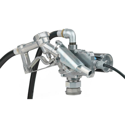 Assembled view of the GPI 12V 8 GPM Fuel Transfer Pump with manual nozzle attached via hose and elbow fitting, showcasing the lightweight corrosion-resistant diecast aluminum construction, manual shut-off nozzle, and direct tank mounting capability for on-the-go fueling.