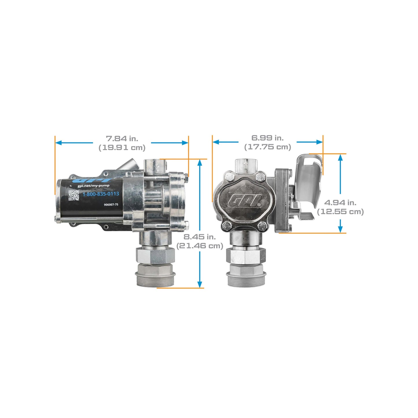 Dimensional diagram of the GPI 12V 8 GPM Fuel Transfer Pump with manual nozzle, highlighting key measurements including 7.84 in. (19.91 cm) length, 6.99 in. (17.75 cm) width, 8.45 in. (21.46 cm) height, and 4.94 in. (12.55 cm) nozzle height, featuring the compact rotary gear design, spin collar, and GPI branding.