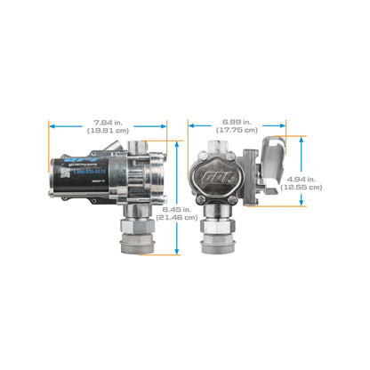 Dimensional diagram of the GPI 12V 8 GPM Fuel Transfer Pump with manual nozzle, highlighting key measurements including 7.84 in. (19.91 cm) length, 6.99 in. (17.75 cm) width, 8.45 in. (21.46 cm) height, and 4.94 in. (12.55 cm) nozzle height, featuring the compact rotary gear design, spin collar, and GPI branding.