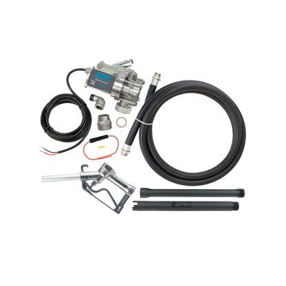 Complete kit contents for the GPI 12V 8 GPM Fuel Transfer Pump with manual nozzle, including the pump with factory-installed power cord, 12 ft. fuel hose, manual unleaded nozzle, adjustable suction pipes, fittings, and accessories for easy installation and portable fuel transfer of gasoline, diesel, or kerosene.