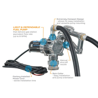 Feature-highlighted view of the GPI 12V 8 GPM Fuel Transfer Pump with manual nozzle, calling out the extremely compact design for versatile mounting, light and dependable performance up to 8 GPM, manual shut-off nozzle, spin collar for easy orientation, and factory-installed power cord for quick setup.