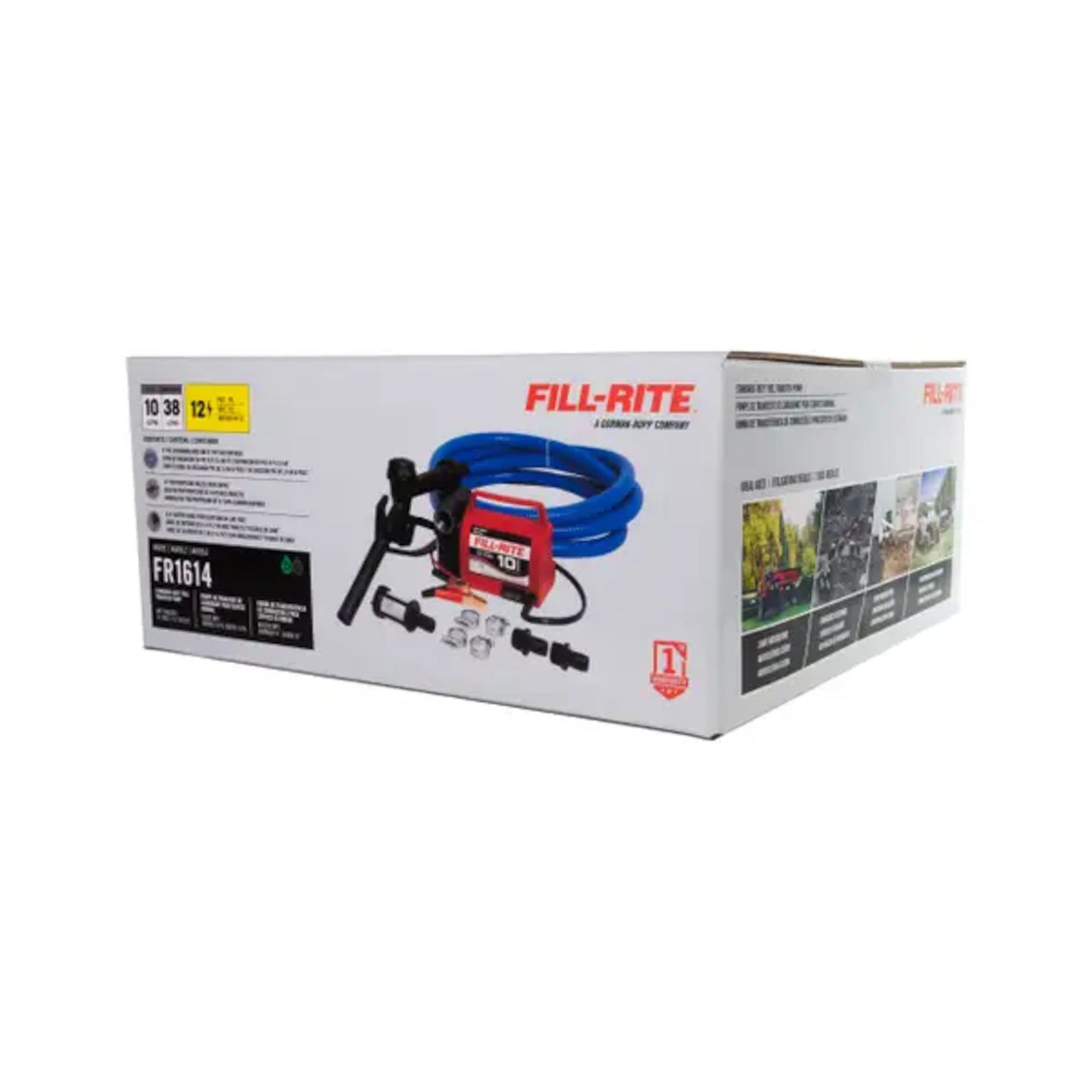 Fill-Rite FR1614 diesel fuel transfer pump shown in original retail packaging with included components illustrated
