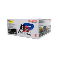 Fill-Rite FR1614 diesel fuel transfer pump shown in original retail packaging with included components illustrated