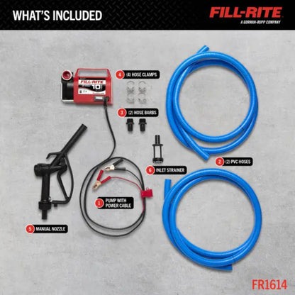 Fill-Rite FR1614 diesel fuel transfer pump components laid out showing pump, hoses, manual nozzle, clamps, adapters, and inlet strainer