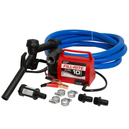 Fill-Rite 12 volt DC portable diesel fuel transfer pump kit with hoses, manual nozzle, clamps, and fittings displayed
