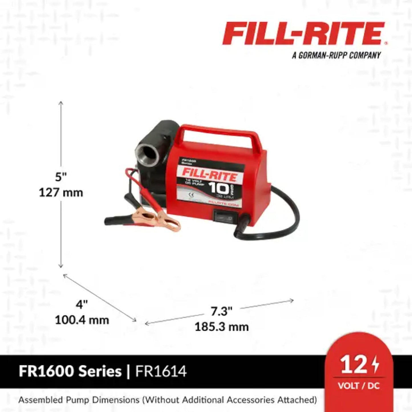 Fill-Rite FR1614 12 volt DC diesel fuel transfer pump showing overall dimensions and compact portable design
