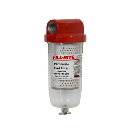 Front view of the Fill-Rite 10 Micron Particulate Filter F1810PC1 with clear bowl, red aluminum head, 1" NPT inlet/outlet ports, and label detailing 18 GPM / 69 LPM flow rate and 120 PSI maximum pressure for use with fuel dispensers.