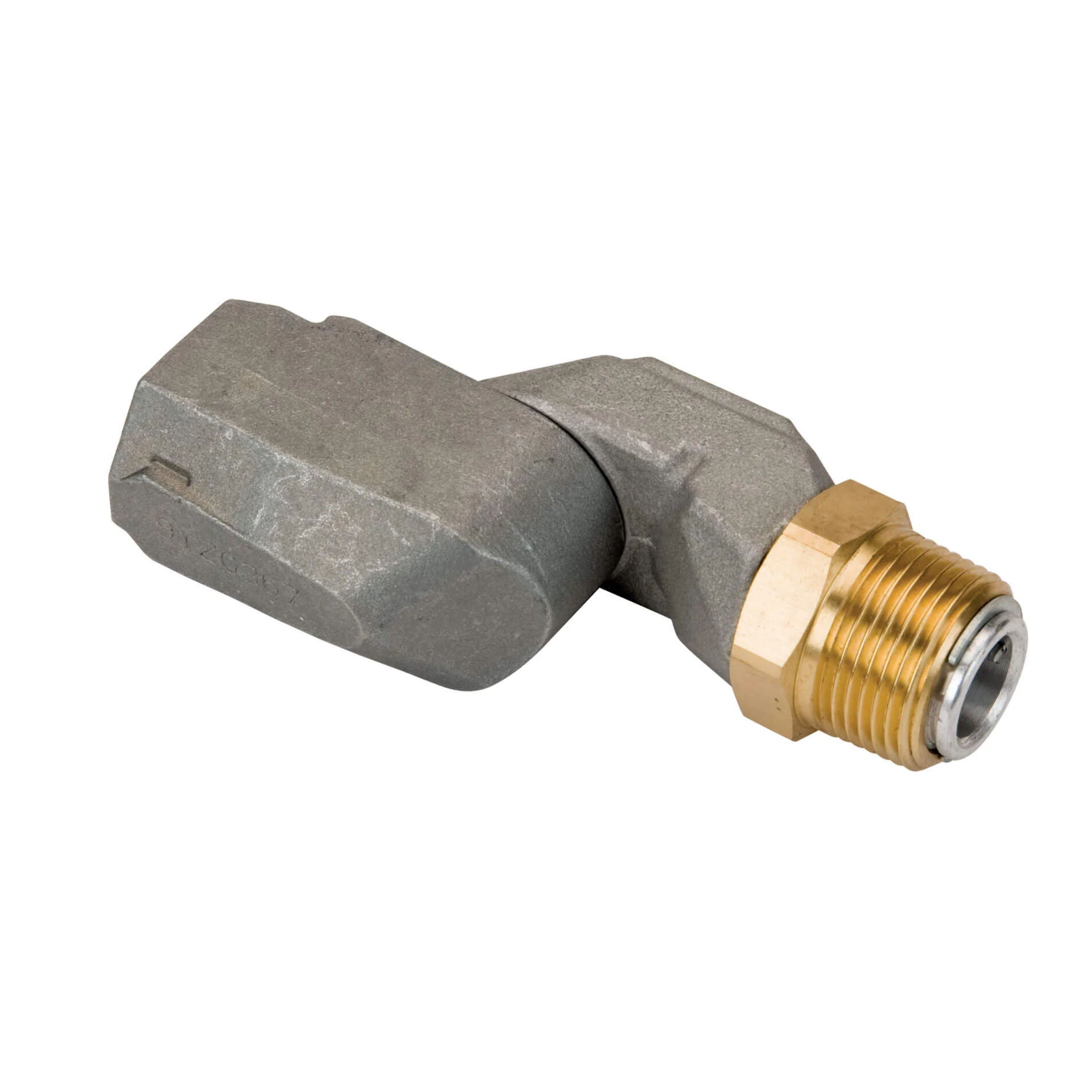 FlowTek 3/4 inch fuel hose swivel 90 degree aluminum alloy body with brass MNPT to FNPT threaded connections full view
