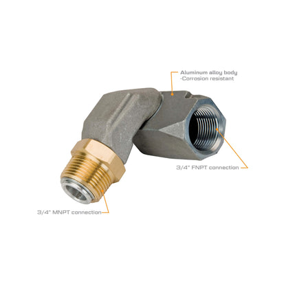 FlowTek 3/4 inch fuel hose swivel with 3/4 in MNPT male and 3/4 in FNPT female connections corrosion resistant aluminum alloy body