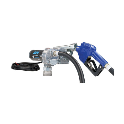 GPI M-150S-AU 12V 15 GPM fuel transfer pump SKU M-150S-AU with automatic nozzle and power cord