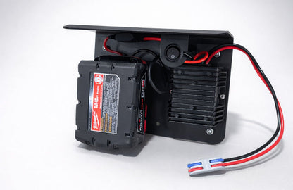 Top view of PowerMate Converter (SKU PMC1001) with red Milwaukee 18V battery adapter installed and wiring