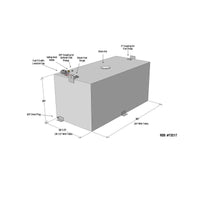Detailed diagram of the RDS 200 gallon aluminum transfer fuel tank (RDS73217) showing dimensions and key features including lockable fuel fill cap, safety vent valve, visual fuel gauge, clean-out access, 2-inch pump coupling, and 3/8-inch drain plug.