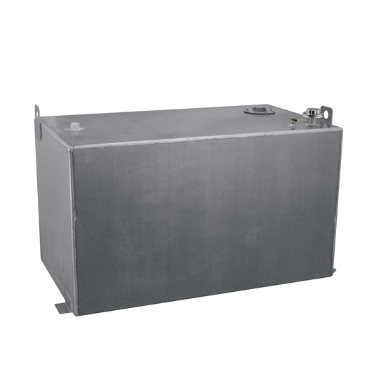 Front view of the RDS 200 gallon aluminum transfer fuel tank (RDS73217) featuring mill finish aluminum construction, large capacity design, built-in fuel gauge, and heavy-duty welded seams for diesel fuel transport.