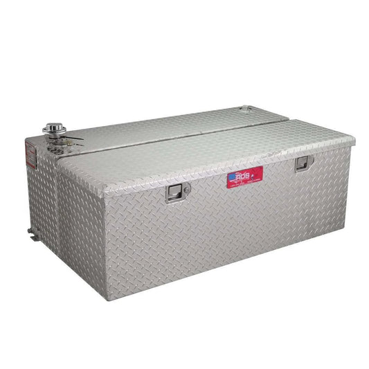 Closed view of the RDS 48 gallon aluminum transfer fuel tank toolbox combo (RDS72774) featuring diamond plate aluminum construction, integrated storage toolbox, and compact design for truck bed installation.