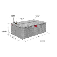 Detailed diagram of the RDS 48 gallon aluminum transfer fuel tank toolbox combo (RDS72774) showing dimensions and features including lockable fuel fill cap, visual fuel gauge, safety vent valve, 2-inch pump coupling, and 3/8-inch drain plug.
