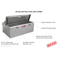 Feature highlight image of the RDS 48 gallon aluminum transfer fuel tank toolbox combo (RDS72774) showcasing large capacity fuel tank, ample storage space, heavy-duty rust-proof aluminum construction, locking security lid, DOT approval, and Made in USA quality.