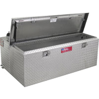 RDS 48 gallon aluminum transfer fuel tank toolbox combo (RDS72774) with lid open, showing spacious storage compartment, reinforced lid, and gas struts for easy access to tools and equipment.