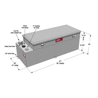 Detailed diagram of the RDS 90 gallon aluminum transfer fuel tank toolbox combo (RDS71788) highlighting dimensions, fuel fill with lockable cap, visual fuel gauge, safety vent valve, 2-inch pump coupling, and drain plug.