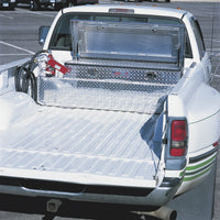 RDS 90 gallon aluminum transfer fuel tank toolbox combo (RDS71788) mounted in a pickup truck bed with transfer pump installed, ideal for transporting and dispensing diesel or gasoline on the go.