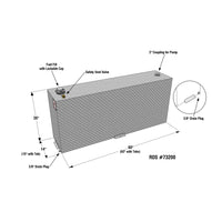 Detailed diagram of the RDS 90 gallon vertical aluminum transfer fuel tank (RDS73200) showing dimensions, components, and features including lockable fuel fill cap, safety vent valve, 2-inch pump coupling, and 3/8-inch drain plug. Ideal for truck bed fuel transfer applications.