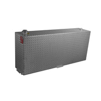 Front angle view of the RDS 90 gallon vertical aluminum transfer fuel tank (RDS73200) featuring heavy-duty diamond plate aluminum construction, corrosion resistance, and compact vertical design for truck bed mounting.