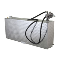 RDS 90 gallon vertical aluminum transfer fuel tank (RDS73200) shown with installed fuel transfer pump and hose, demonstrating real-world use for fueling equipment, trucks, and machinery in mobile applications.