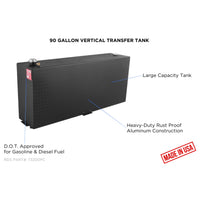 Feature highlight image of the RDS 90 gallon vertical aluminum transfer fuel tank powder coated black (RDS73200PC) showcasing large capacity, heavy-duty rust-proof aluminum construction, DOT approval for gasoline and diesel, and Made in USA quality.