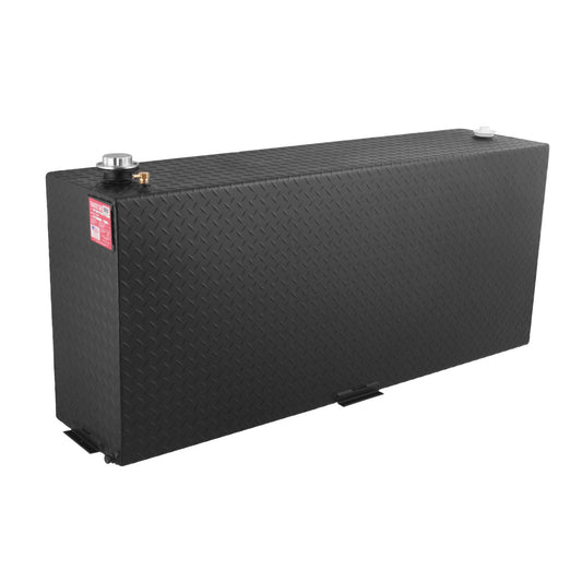 Front angle view of the RDS 90 gallon vertical aluminum transfer fuel tank powder coated black (RDS73200PC) featuring heavy-duty diamond plate aluminum construction, corrosion resistance, and compact vertical design for truck bed mounting.