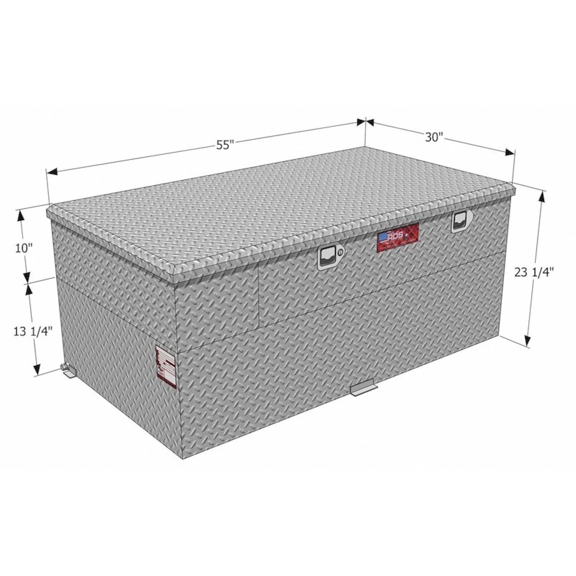 RDS 90 gallon aluminum transfer fuel tank and toolbox combo (SKU RDS72855) with labeled dimensions: 55" L x 30" W x 23 1/4" H