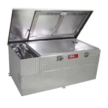 Open view of RDS 90 gallon fuel transfer tank and toolbox combo (SKU RDS72855) showing interior storage for pump, nozzle, and hose