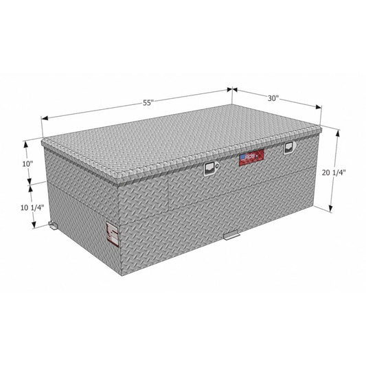 RDS 70 gallon aluminum transfer fuel tank and toolbox combo (SKU RDS73851) with labeled dimensions: 55" L x 30" W x 20 1/4" H