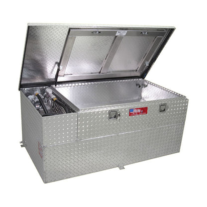 Open view of RDS 70 gallon fuel transfer tank and toolbox combo (SKU RDS73851) showing storage for pump, nozzle, and hose