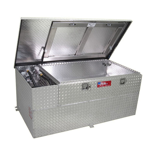 Open view of RDS 70 gallon fuel transfer tank and toolbox combo (SKU RDS73851) showing storage for pump, nozzle, and hose