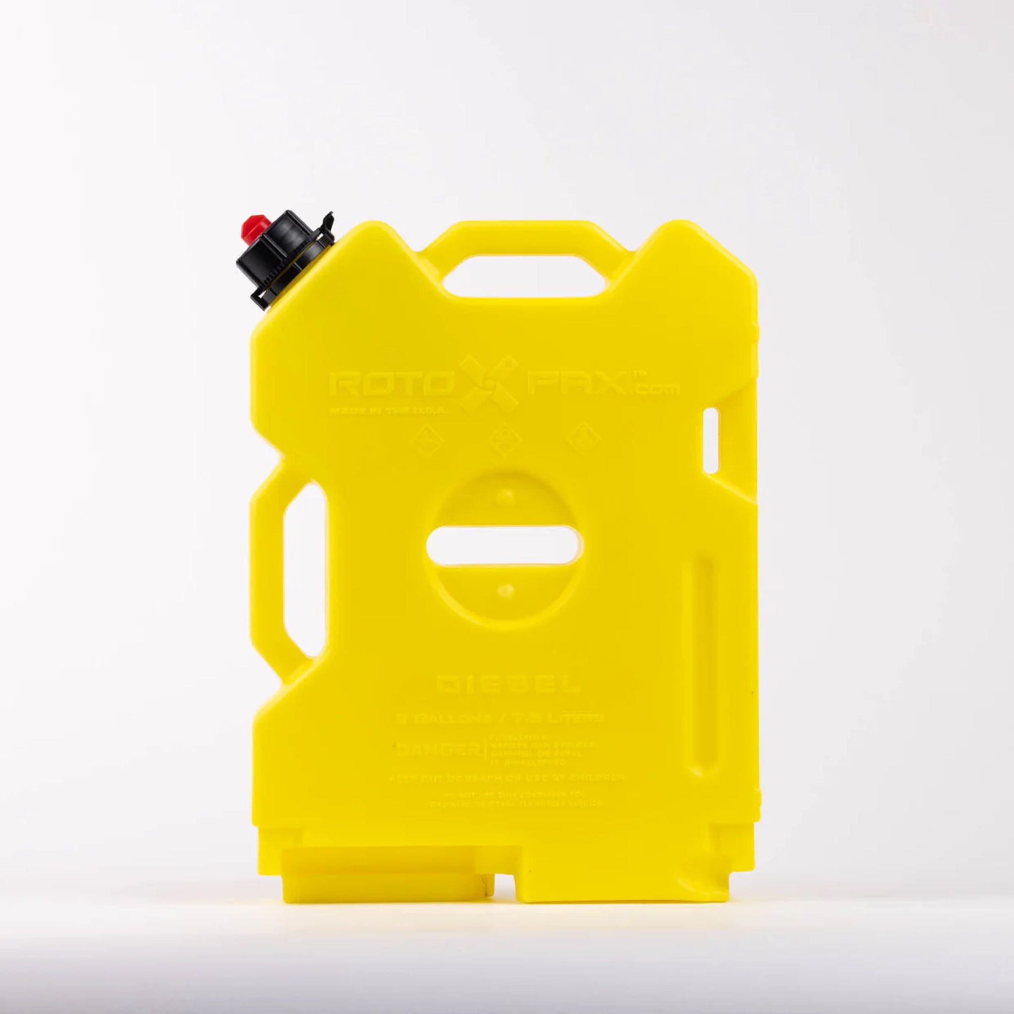 Front view of a yellow RotoPax 2 gallon diesel fuel container showing rugged roto-molded construction and integrated carry handle