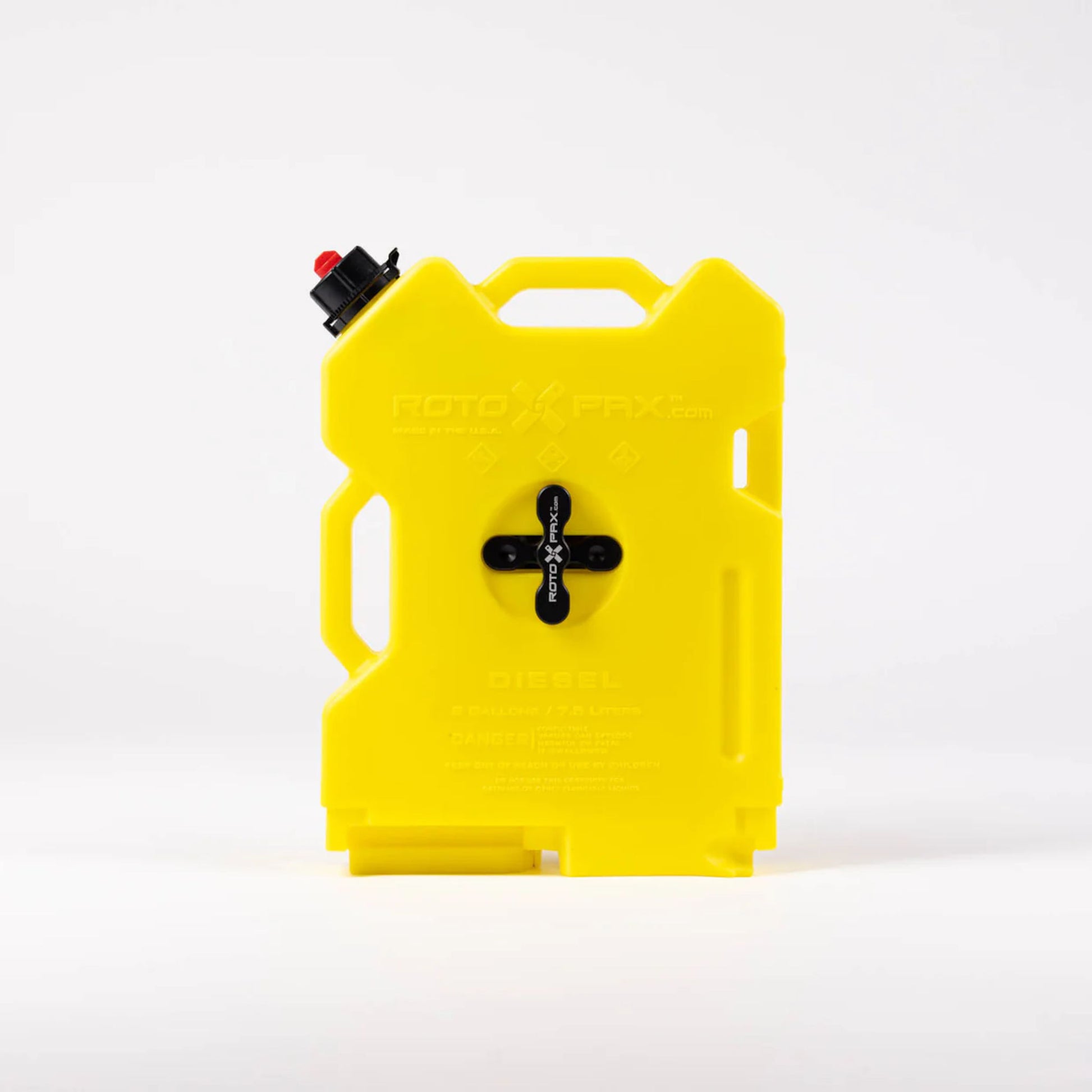 Front view of a yellow RotoPax 2 gallon diesel fuel container with RotoPax mount installed at center mounting point