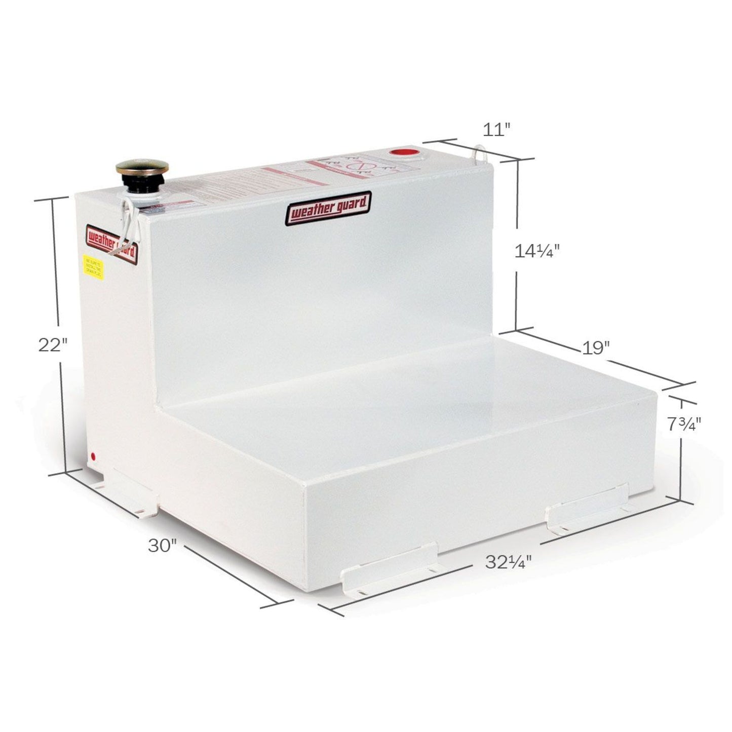 Weather Guard 50 gallon L-shape steel transfer tank dimensions: 32 1/4" L x 30" W x 22" H (SKU WG350-3-02)