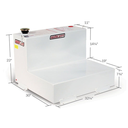 Weather Guard 50 gallon L-shape steel transfer tank dimensions: 32 1/4" L x 30" W x 22" H (SKU WG350-3-02)