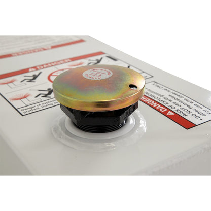 Vented brass filler cap on Weather Guard 50 gallon L-shape steel transfer tank (SKU WG350-3-02)