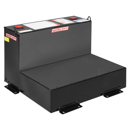 Weather Guard 50 gallon L-shape steel transfer fuel tank in black powder coat with vented filler caps and mounting brackets (SKU WG350-3-02)