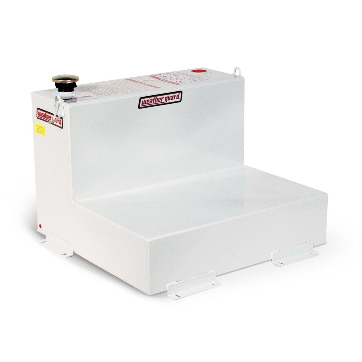 Weather Guard 50 gallon L-shape steel transfer fuel tank in white powder coat with vented filler cap and mounting brackets (SKU WG350-3-02)