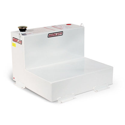 Weather Guard 50 gallon L-shape steel transfer fuel tank in white powder coat with vented filler cap and mounting brackets (SKU WG350-3-02)