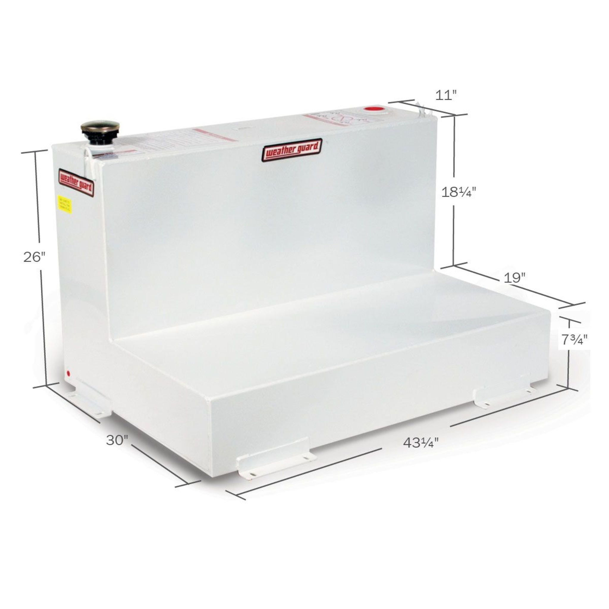 Weather Guard 75 gallon L-shape steel transfer tank dimensions: 43 1/4" L x 30" W x 26" H (SKU WG352-3-02)