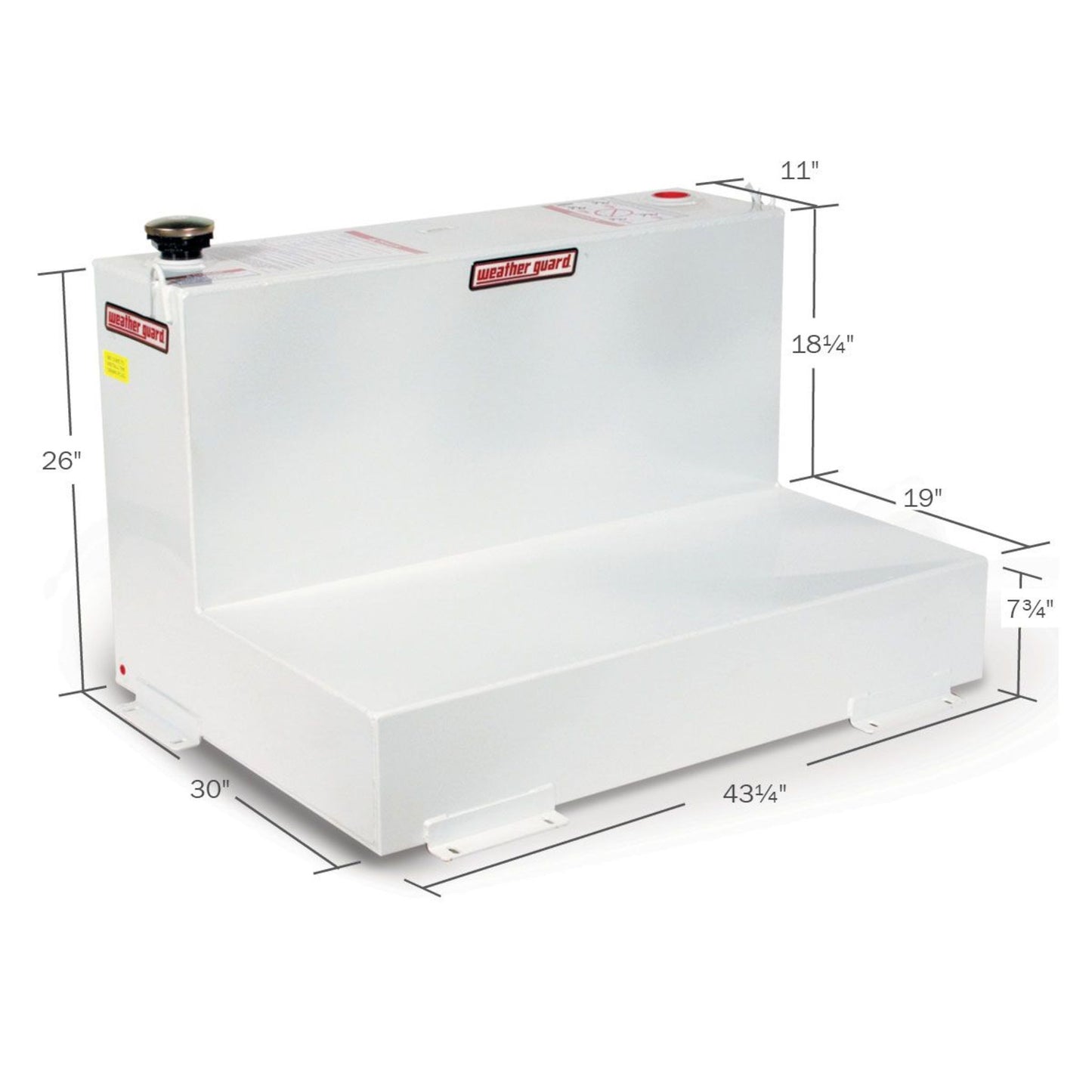 Weather Guard 75 gallon L-shape steel transfer tank dimensions: 43 1/4" L x 30" W x 26" H (SKU WG352-3-02)