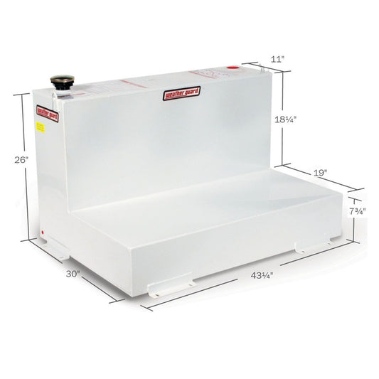 Weather Guard 75 gallon L-shape steel transfer tank dimensions: 43 1/4" L x 30" W x 26" H (SKU WG352-3-02)