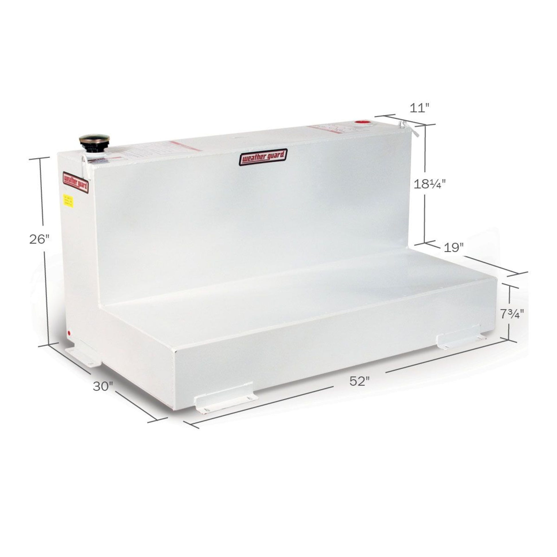 Weather Guard 90 gallon L-shape steel transfer tank dimensions: 52" L x 30" W x 26" H (SKU WG354-3-02)